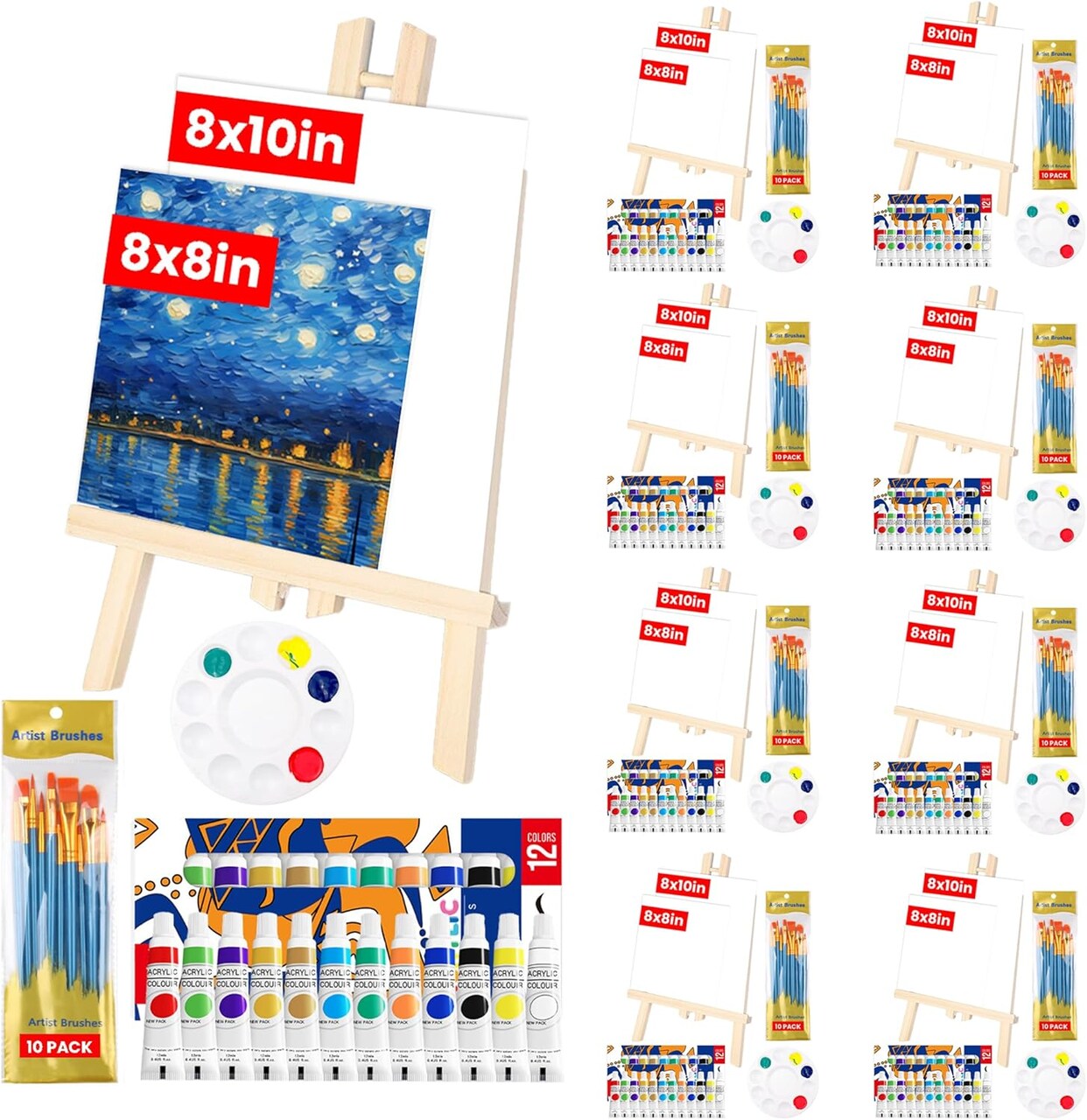 208 Pack Canvas Painting Kit for Adults Kids, 12 Color Acrylic Paint Set with 16 Canvas 8 Wood Easels 8x10 Size Brushes 8 Palettes, Sip and Paint Party Supplies Kit Canvas and Easel Set for Party